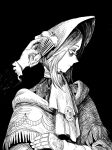  1girl bangs black_background bloodborne bonnet capelet cloak commentary crossed_arms doll_joints floral_print from_side greyscale hand_up hat highres joints kuropin long_sleeves monochrome plain_doll profile solo_focus upper_body 