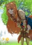  1girl absurdres animal_ears armor balloon_(tate_no_yuusha_no_nariagari) belt bent_over black_dress blunt_bangs blurry blurry_background blush boots breastplate breasts brown_armor brown_belt brown_boots brown_hair chark14 cleavage closed_mouth commentary cowboy_shot dress english_commentary gauntlets hands_on_own_knees highres knees_together_feet_apart layered_dress leather leather_armor leather_boots long_hair long_sleeves medium_breasts metal_arm_cuffs metal_wrist_cuffs neck_ribbon outdoors pauldrons pinstripe_dress pinstripe_pattern raccoon_ears raccoon_girl raccoon_tail raphtalia red_dress red_eyes red_ribbon ribbon short_dress shoulder_armor signature single_pauldron sleeveless sleeveless_dress smile solo tail tanuki tate_no_yuusha_no_nariagari thigh_boots two-tone_dress watermark white_dress 