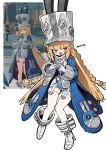  1girl blonde_hair blue_jacket commentary_request full_body gakumaru_o game_screenshot_inset gloves grey_hat hat index_fingers_together jacket large_hat long_hair norma_hollowell open_mouth purple_eyes reference_inset screenshot_inset shako_cap shoes simple_background sweat thighhighs very_long_hair white_background white_gloves white_shoes white_thighhighs zenless_zone_zero 
