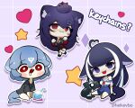  3girls akuma_nihmune akuma_nihmune_(casual) animal_ears bao_the_whale blue_hair blue_skirt cat_ears cetacean_tail chibi fins fish_tail grey_shirt hair_ornament heart heikevbo highres indie_virtual_youtuber jacket long_hair multiple_girls orca_girl purple_eyes red_eyes red_jacket shirt short_hair shylily skirt star_(symbol) star_hair_ornament tail virtual_youtuber whale_girl white_shirt 