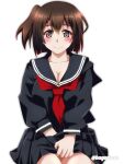  1girl akichin_(atelier_baguri) alternate_costume black_serafuku black_shirt black_skirt breasts brown_eyes brown_hair hiryuu_(kancolle) kantai_collection large_breasts long_sleeves miniskirt neckerchief one_side_up pleated_skirt red_neckerchief school_uniform serafuku shirt short_hair sitting skirt solo 