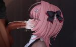  1boy 1girl :>= black_bow black_mask black_shirt black_shrug blush bow censored dark-skinned_male dark_skin fellatio from_side hair_bow hair_ornament jjanda looking_at_another looking_up male_pubic_hair mask mask_pull medium_hair mosaic_censoring mouth_mask official_alternate_costume open_mouth oral penis pink_hair pubic_hair purple_eyes remielle_dan remielle_dan_(moonlight_whispers) saliva shirt shrug_(clothing) star_(symbol) star_hair_ornament stray_pubic_hair testicles zenless_zone_zero 