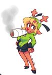  1girl animal_ears antlers antonymph blonde_hair buck_teeth cosplay deer_antlers deer_ears deer_girl deltarune doobie_ralsei_(meme) freckles full_body gir_(dog_costume)_(invader_zim) gir_(invader_zim) gir_(invader_zim)_(cosplay) highres horns invader_zim meme noelle_holiday red_nose reindeer_girl siivagunner smoking solo sy_noon teeth two-tone_hoodie utdr_(toby_fox) vylet_pony zipper_pull_tab 
