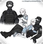  1boy 1girl aged_down balaclava belt black_hat black_helmet black_mask blue_belt blue_dress blue_eyes blue_hair blue_shoes blush body_armor boots braid check_commentary child closed_eyes combat_helmet commentary_request dress eyewear_on_head glock gloves goggles grin gun handgun hat helmet highres holster holstered hug kiss kissing_hand long_hair looking_at_viewer mask multiple_views omon on_person original patch peaked_cap police radio_transceiver rusizel rusizel_(character) s.w.a.t. shoes short_dress smile surprised tactical_clothes tactical_gloves thigh_boots twin_braids unit_patch very_long_hair weapon weapon_request white_hair 