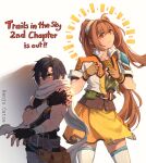  1boy 1girl absurdres ahoge arm_tattoo arm_wrap artist_name belt belt_pouch black_gloves black_shirt brown_belt brown_gloves commentary copyright_name covered_mouth cropped_jacket curtained_hair eiyuu_densetsu english_commentary english_text estelle_bright fingerless_gloves floating_hair floating_scarf glaring gloves grey_belt hair_between_eyes hair_intakes harmonica head_tilt highres holding holding_instrument instrument jacket joshua_bright kenjocatze leather leather_belt leather_gloves long_hair looking_at_viewer menacing open_clothes open_jacket orange_skirt parted_bangs pelvic_curtain pouch red_eyes scarf shirt short_hair short_sleeves shoulder_tattoo simple_background skirt sleeveless sleeveless_shirt sora_no_kiseki sora_no_kiseki_sc tattoo thighhighs twintails underbust upper_body very_long_hair white_background white_scarf white_thighhighs yellow_eyes 
