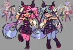  2girls 2others black_boots black_dress black_horns blue_eyes blue_hair blue_thighhighs boots bow braid callie_(splatoon) callie_(splatoon)_(cosplay) callie_(squid_sisters_outfit)_(splatoon) cosplay demon_horns dress flower gloves grey_background hair_bow hair_flower hair_ornament highres horns long_hair marie_(splatoon) marie_(splatoon)_(cosplay) marie_(squid_sisters_outfit)_(splatoon) meika_hime meika_mikoto mole mole_under_eye multicolored_hair multiple_girls multiple_others one_eye_closed pink_hair pink_thighhighs red_eyes red_flower siblings sillymxowmeow simple_background single_braid splatoon_(series) splatoon_1 thighhighs twintails two-tone_hair very_long_hair white_bow white_gloves 