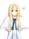  1girl anger_vein blonde_hair blue_bow blue_bowtie bow bowtie commentary curtained_hair dress drop_shadow filo_(tate_no_yuusha_no_nariagari) flat_chest hands_on_own_chest highres long_hair long_sleeves o3o simple_background solo straight-on straight_hair tate_no_yuusha_no_nariagari upper_body user_jeax7228 white_background white_dress wide_sleeves 