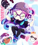  3girls absurdres artist_name badge black_shirt black_thighhighs blue_hair button_badge cherrystar clothes_around_waist crown dark-skinned_female dark_skin drooling fish glasses green_eyes harmony_(splatoon) headphones headphones_around_neck highres inkling jacket jacket_around_waist long_hair looking_at_viewer marina_(splatoon) multicolored_hair multiple_girls pearl_(splatoon) pink_hair print_shirt shirt siivagunner splatoon_(series) splatoon_2 splatoon_3 tentacle_hair thighhighs two-tone_hair 