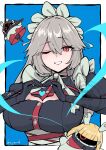  1girl absurdres alexandrina_sebastiane anastella_(zenless_zone_zero) bangboo_(zenless_zone_zero) border breasts buttons commentary_request drusilla_(zenless_zone_zero) gloves grey_hair hair_between_eyes heart heart_hands highres juliet_sleeves large_breasts long_hair long_sleeves looking_at_viewer maid maid_headdress one_eye_closed open_mouth partially_fingerless_gloves puffy_sleeves red_eyes reopa_(oyz_29) sidelocks smile twitter_username upper_body white_border zenless_zone_zero 