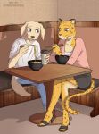  2020 anthro beastars beverage bird_dog bottomwear bowl canid canine canis cheetah chopsticks clothed clothing detailed_background digital_media_(artwork) domestic_dog duo eating felid feline female food fur furniture hi_res holding_beverage holding_chopsticks holding_object hunting_dog jack_(beastars) labrador looking_at_another looking_down male male/female mammal noodles open_mouth restaurant retriever romantic_couple shiira_(beastars) shirt sitting skirt smile t-shirt table teeth tommysamash tongue topwear yellow_body yellow_fur 