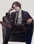  1boy absurdres arm_rest black_jacket black_necktie black_pants black_suit brown_eyes brown_hair business_suit collared_shirt commentary couch crossed_legs dress_shirt dress_shoes foot_out_of_frame formal_clothes hand_on_own_face highres huto_mamori jacket lips long_sleeves looking_down luka_modric male_focus necktie on_couch open_clothes open_jacket pants real_life shirt shoe_soles shoes short_hair sitting suit suit_jacket suit_pants very_short_hair watermark white_background white_shirt 