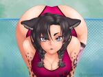  1girl animal_ears aperture_eyes azumanga_daioh bare_shoulders bent_over black_lips boots braid breasts brown_hair cleavage coco_(taiggerrock) cyborg fingernails highres hyena_ears hyena_girl hyena_tail indie_virtual_youtuber kurosawa_minamo_bent_over_in_a_swimsuit_(meme) large_breasts looking_at_viewer meme one-piece_swimsuit piercing pink_eyes pink_shirt prosthesis prosthetic_leg refmani_(vtuber) shirt skin_seams solo swimsuit tail twin_braids virtual_youtuber 