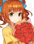  1girl bangs blue_bow bouquet bow brown_hair closed_mouth eyebrows_visible_through_hair flower green_eyes hair_bow holding holding_bouquet idolmaster idolmaster_(classic) long_hair red_flower red_rose rose shiny shiny_hair shirt short_sleeves smile solo suzumo70 takatsuki_yayoi twintails upper_body white_background yellow_shirt 