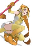  1girl animal_ears ass breasts circlet commentary elbow_gloves extra_ears full_body gloves golden_snub-nosed_monkey_(kemono_friends) gradient_hair highres holding holding_staff kemono_friends leotard long_hair looking_at_viewer medium_breasts monkey_ears monkey_girl monkey_tail multicolored_hair multicolored_leotard open_mouth orange_gloves orange_hair orange_shoes orange_thighhighs ponytail red_eyes shoes simple_background skirt solo squatting staff tail tanabe_(fueisei) teeth thighhighs upper_teeth_only very_long_hair white_background white_leotard white_skirt yellow_leotard 