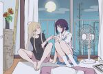  2girls ahoge artist_name balcony bamboo barefoot black_shirt blonde_hair blue_skirt blue_sky breasts butterfly_sitting cho_kaguya-hime! closed_mouth cloud commentary_request convenient_leg couple crew_neck curtains dated electric_fan eye_contact flower full_body full_moon glass_door green_eyes hair_bun holding_hands indoors kaguya_(cho_kaguya-hime!) large_breasts looking_at_another miniskirt moon multiple_girls night no_shoes on_floor pink_eyes pink_shorts pleated_skirt purple_hair rug sailor_collar sakayori_iroha shirt short_shorts shorts single_hair_bun sitting skirt sky smile socks straight_hair sunflower t-shirt taira_yuuki three-quarter_sleeves vase white_sailor_collar white_shirt white_socks wooden_floor yellow_flower yuri 