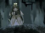  1girl absurdres angel angel_wings brown_hair brown_jacket dirty feathered_wings haibane_renmei halo highres jacket purrcatnip rakka_(haibane_renmei) sitting skirt solo wings 