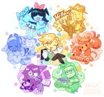  2girls 2others 3boys 7_colored_flowers_(deltarune) animal_ears aqua_(deltarune) aqua_dress aqua_skin ballerina ballet_dress bandana black_hair blonde_hair blue_(deltarune) blue_hair blue_skin book bow boxing_gloves buck_teeth bug bullet butterfly character_name cheese chef_hat closed_eyes closed_mouth collared_shirt colored_skin commentary_request covered_eyes cowboy cowboy_hat crosshair deltarune dress egg flower flowery_(deltarune) food frying_pan glasses green_(deltarune) green_eyes green_hair green_skin gun hair_bow hair_ornament hat highres holding holding_book holding_frying_pan holding_gun holding_pan holding_weapon knife mouse_(animal) mouse_ears multicolored_vest multiple_boys multiple_girls multiple_knives multiple_others nono_06120 open_mouth orange_(deltarune) orange_bandana pants purple_hair purple_skin red_bow red_shoes seth_(deltarune) shirt shoes short_hair simple_background sleeves_past_fingers sleeves_past_wrists smile tail teeth tutu twitter_username two-tone_vest utdr_(toby_fox) watermark weapon white_background yellow_(deltarune) yellow_skin 