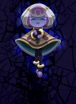  1girl ^_^ anklet aura black_gloves black_pantyhose blue_background closed_eyes colored_eyelashes colored_skin commentary_request dark dark_aura facing_viewer fingerless_gloves floating full_body gloves gold hair_ornament happy highres jewelry kirby_(series) kirby_and_the_world_beyond kirby_fans'_trust_issues_(meme) legs_together long_hair meme multicolored_hair mysterious_girl_(kirby_and_the_world_beyond) open_mouth own_hands_together pantyhose piiman_(pixiv_97777503) purple_hair purple_skin sidelocks smile solo straight-on toeless_legwear two-sided_poncho two-tone_hair underlighting white_hair yellow_poncho 