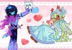  1girl 1other antlers aqua_skin arisudreemurr armor black_hair black_pants blonde_hair blush bow brown_eyes buck_teeth buckle capelet chiikawa colored_skin crab crossover deer_antlers deer_girl deer_tail deltarune dress east-west_crossover freckles furuhonya hair_bow hair_ornament heart heart-shaped_buckle heart_hair_ornament highres horns kris_(dark_world)_(deltarune) kris_(deltarune) long_hair momonga_(chiikawa) noelle_holiday noelle_holiday_(dark_world) pants pink_background pink_scarf scabbard scarf sheath squirrel sword tail teeth utdr_(toby_fox) weapon white_bow white_capelet white_dress 