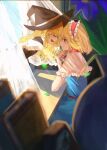  2girls alice_margatroid blonde_hair blue_dress blue_eyes blurry blush capelet closed_eyes closed_mouth commentary_request curtains depth_of_field dress flower frilled_hairband frills hairband hat highres izumi_no_yasushi_aya kirisame_marisa lolita_hairband long_hair looking_at_another multiple_girls open_mouth puffy_short_sleeves puffy_sleeves purple_flower red_hairband shadow short_sleeves signature smile touhou vase white_capelet window witch_hat yuri 