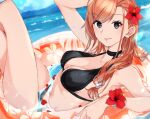  1girl :d arisugawa_natsuha arm_up bangs bikini black_bikini blue_eyes breasts cleavage collarbone earrings eyebrows_visible_through_hair flower hair_flower hair_ornament hibiscus idolmaster idolmaster_shiny_colors innertube jewelry legs_up long_hair looking_at_viewer medium_breasts ocean open_mouth orange_hair red_flower shiny shiny_hair smile solo suzumo70 swept_bangs swimsuit 