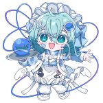  1girl :d alternate_costume apron bandaid bandaid_on_face blue_bow blue_jacket blue_skirt blush bow character_print chibi chibi_only commentary_request disembodied_linked_eye eyeball frilled_skirt frills full_body green_eyes green_hair hair_between_eyes hair_bow hair_ornament highres holding holding_tray jacket jersey_maid kaenbyou_rin kaenbyou_rin_(cat) komeiji_koishi long_sleeves maid medium_hair mizuni_takenoko pants reiuji_utsuho reiuji_utsuho_(bird) sample_watermark shoes simple_background skirt smile solo touhou tray unconventional_maid waist_apron watermark white_apron white_background white_pants white_shoes 