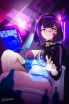  1girl bandaid bandaid_on_face bandaid_on_nose bikini black_hair breasts cleavage cropped_hoodie demon_girl demon_horns hair_ornament heikevbo holographic_interface hood hoodie horns indie_virtual_youtuber medium_breasts purple_horns rainhoe short_hair solo swimsuit toilet virtual_youtuber x_hair_ornament yellow_eyes 