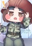  ! 1girl bag belt belt_buckle brown_eyes brown_hair buckle camouflage camouflage_jacket cargo_pants chibi commentary_request cowboy_shot eyewear_on_head fewer_digits green_belt green_pants helmet highres jacket layze_(trickcal) outdoors pants shopping_bag short_hair solo sunglasses sweatdrop trickcal yagami_yu 