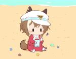  1girl animal_ears beach blush_stickers brown_hair cheval_grand_(umamusume) chibi commentary_request conch day ears_through_headwear eighth_note full_body gomashio_(goma_feet) hat holding horse_ears horse_girl horse_tail jacket jar multicolored_hair musical_note outdoors pants peaked_cap red_jacket red_pants red_shoes sand seashell shell shoe_soles shoes sitting socks solo streaked_hair tail track_jacket track_pants track_suit umamusume water white_hair white_hat white_socks |_| 