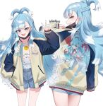  1girl absurdres artist_name asymmetrical_bangs blue_eyes blue_hair colored_tips cropped_hoodie denim denim_shorts ear_piercing earrings fang half-closed_eyes helandyck highres holoh3roes hololive hololive_indonesia hood hoodie jewelry kobo_kanaeru liquid_hair long_hair mask mouth_mask multicolored_hair open_mouth piercing print_hoodie shorts simple_background v virtual_youtuber 