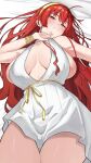  1girl absurdres ahoge bare_shoulders bed_sheet blush bracelet breasts breasts_apart closed_mouth clothing_cutout collarbone commentary_request dress eris_greyrat eris_greyrat_(adult) gold_bracelet gold_hairband gold_ribbon hair_between_eyes hairband halterneck highres jewelry large_breasts long_hair looking_at_viewer lying marbo_(saico556) mushoku_tensei on_back paid_reward_available red_eyes red_hair sagging_breasts sideboob sleeveless sleeveless_dress solo thighs upper_body white_dress 