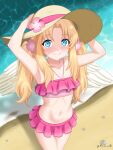  1girl absurdres armpits arms_up artist_name beach bikini bird_girl bird_wings blonde_hair blue_eyes closed_mouth collarbone commentary cowboy_shot curtained_hair day english_commentary feathered_wings filo_(tate_no_yuusha_no_nariagari) flat_chest flower frilled_bikini frills from_above hair_flower hair_ornament hands_on_headwear hat hat_flower highres long_hair long_sidelocks looking_at_viewer mixed-language_commentary miyoshino90 navel ocean official_alternate_costume official_alternate_hairstyle outdoors paid_reward_available pink_bikini pink_flower shadow sidelocks signature smile solo standing stomach sun_hat swimsuit tate_no_yuusha_no_nariagari twintails twitter_username white_wings wings 
