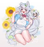  1girl absurdres animal_ears ball barefoot blue_eyes chibi chibi_inset collar dog_ears dog_girl dog_tail flower grey_hair highres indie_virtual_youtuber long_hair looking_at_viewer multicolored_nails noto_hams open_mouth pink_collar pointy_ears shirt single_off_shoulder spiked_collar spikes sunflower tail tennis_ball thighs vei_(dog_girl)_(vtuber) vei_(vtuber) virtual_youtuber white_shirt 