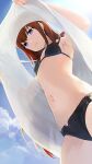  1girl armpits bangs bikini black_bikini blue_sky blush breasts breasts_apart brown_hair closed_mouth day eyebrows_visible_through_hair from_below highres hiroki_(yyqw7151) long_hair looking_at_viewer looking_down makise_kurisu navel outdoors purple_eyes red_hair sky sleeveless small_breasts solo steins;gate stomach swimsuit upshirt 