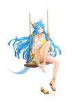  1girl ankle_strap artist_request bare_legs barefoot blue_eyes blue_hair blue_tail bracelet breasts cleavage commentary_request dragon_girl dragon_horns dragon_tail dress english_commentary feet flower flower_bracelet full_body gem hair_flower hair_ornament high_heel_sandals high_heels highres horns jewelry king's_raid korean_commentary laias_(king's_raid) large_breasts layered_dress long_hair looking_at_viewer mixed-language_commentary multicolored_dress necklace official_alternate_costume official_art on_swing pointy_ears purple_gem ribbon rope sandals scales second-party_source see-through_clothes see-through_dress_layer see-through_sleeves single_unworn_shoe smile solo swing tail thigh_strap toes twintails unworn_sandals very_long_hair white_dress white_flower yellow_dress yellow_flower yellow_ribbon 