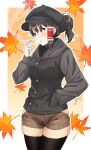  1girl absurdres autumn_leaves black_headwear black_jacket black_legwear blush border brown_eyes brown_hair brown_shorts cigarette commentary_request cookie_(touhou) cowboy_shot eyebrows_visible_through_hair flat_cap gnzy gradient gradient_background hair_between_eyes hair_tubes hakurei_reimu hand_in_pocket hat highres jacket long_sleeves looking_to_the_side maru_(cookie) medium_hair open_mouth orange_background pantyhose ponytail short_shorts shorts smoking solo touhou turtleneck white_border 