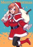  1girl :d bangs belt black_legwear blue_eyes boots brown_hair capelet christmas commentary_request dress fur-trimmed_capelet fur-trimmed_dress fur-trimmed_headwear fur-trimmed_sleeves fur_trim gloves hand_up hat highres higurashi_no_naku_koro_ni knee_boots long_sleeves looking_at_viewer merry_christmas noriuma open_mouth over_shoulder pantyhose red_capelet red_footwear red_headwear ryuuguu_rena sack santa_boots santa_costume santa_hat short_hair smile solo standing standing_on_one_leg white_gloves 