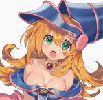  1girl bare_shoulders blonde_hair blue_headwear breasts cleavage collarbone dark_magician_girl eyebrows_visible_through_hair green_eyes hair_between_eyes hat highres long_hair looking_at_viewer medium_breasts open_mouth sakura_yuki_(clochette) simple_background solo upper_body white_background wizard_hat yu-gi-oh! 