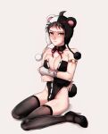  1boy ahoge alternate_pectoral_size animal_ears armlet bare_shoulders black_leotard blush breasts brown_eyes brown_hair bulge bunny_tail cleavage closed_mouth collarbone commentary_request cosplay danganronpa_(series) danganronpa_2:_goodbye_despair detached_collar fake_animal_ears gloves grey_background gwanlamcha hair_through_headwear high_heels highleg highleg_leotard highres hinata_hajime leotard looking_at_viewer male_focus monokuma monokuma_(cosplay) neck_ribbon playboy_bunny red_ribbon ribbon simple_background sitting skindentation solo tail thighhighs wariza 