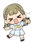  >_< 1girl :d blush brown_shoes chibi chibi_only closed_eyes commentary_request dress facing_viewer full_body hasu_no_sora_school_uniform kachimachi_kosuzu leg_up love_live! love_live!_hasu_no_sora_jogakuin_school_idol_club massigura neckerchief open_mouth sailor_collar sailor_dress school_uniform shoes short_sleeves simple_background smile socks solo summer_uniform virtual_youtuber white_background white_dress white_sailor_collar white_socks xd yellow_neckerchief 