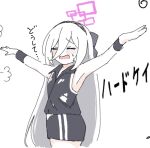  1girl alternate_costume armpits bad_anatomy bad_hands bare_arms bare_shoulders black_hairband black_shorts black_vest blue_archive blush closed_eyes cosplay cropped_legs exhausted frown furrowed_brow gym_shorts hair_between_eyes hairband halo hard_gay hard_gay_(cosplay) hotateremon kei_(blue_archive) long_hair long_hair_between_eyes open_mouth outstretched_arms paint_chat_(medium) parted_bangs pink_halo pose_imitation puff_of_air pun raised_inner_eyebrows rectangular_halo short_shorts shorts simple_background solo sportswear spread_arms straight_hair sweat translation_request very_long_hair vest white_background white_hair wristband 