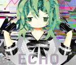  1girl black_bow black_bowtie black_gloves bow bowtie closed_mouth collage_(medium) double_exposure echo_(vocaloid) faux_traditional_media glitch_background gloves green_eyes green_hair gumi hair_between_eyes highres short_hair solo song_name star_(symbol) tagme vocaloid yrtm_34221 