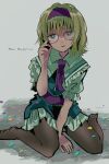  1girl adjusting_eyewear alice_margatroid ascot bespectacled black_pantyhose blonde_hair blue_dress capelet character_name commentary confetti dress frilled_ascot frilled_capelet frilled_hairband frilled_sash frills glasses grey_background hairband highres looking_at_viewer no_shoes pantyhose puffy_short_sleeves puffy_sleeves red_hairband red_sash sash short_hair short_sleeves sitting solo tamagogayu1998 touhou wariza white_capelet 