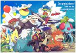  1boy aggron backpack bag balloon beanie bellossom blaziken camerupt clenched_hand cloud commentary_request day fingerless_gloves fish gen_1_pokemon gen_2_pokemon gen_3_pokemon gloves grass hat jacket kecleon looking_back male_focus manectric master_ball mightyena outdoors pants pelipper petals poke_ball poke_ball_(basic) pokemon pokemon_(creature) pokemon_(game) pokemon_rse popcorn_91 psyduck shoes sign sky smile standing swellow tentacruel walrein yellow_bag 