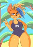  absurd_res activision anthro bandicoot blonde_hair blue_eyes blue_hair camel_toe clothed clothing countershading crash_bandicoot_(series) detailed_background ear_piercing female hair hi_res humanoid mammal marsupial mole_(marking) multicolored_hair navel nipple_outline one-piece_swimsuit piercing renaspyro school_swimsuit smile solo swimwear tawna_bandicoot thick_thighs tight_clothing two_tone_hair video_games 
