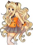  1girl animal_ears artist_name bad_source blonde_hair blue_eyes blush bow bowtie cat_ears cyber_fashion fang grey_bow grey_bowtie headset highres orange_shirt orange_shoes pastelvanilla retrofuturism seeu shirt shoes solo thighhighs vocaloid wavy_hair white_thighhighs 