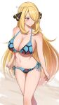  1girl alternate_breast_size_(larger) alternate_costume bikini black_eyes blonde_hair blue_bikini breasts character_print cleavage commentary cynthia_(pokemon) hair_ornament hair_over_one_eye halterneck highres large_breasts looking_to_the_side milotic navel pokemon pokemon_diamond/pearl/platinum side-tie_bikini_bottom solo standing string_bikini surippa1010 swimsuit triangle_bikini_top twitter_username 