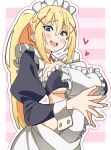  1girl :d absurdres blonde_hair blue_eyes blush_stickers breasts commentary darkness_(konosuba) enmaided frills hair_between_eyes hair_ornament heart highres juliet_sleeves kono_subarashii_sekai_ni_shukufuku_wo! large_breasts long_hair long_sleeves looking_at_viewer maid maid_headdress noyama_takenoko open_mouth outline ponytail puffy_sleeves simple_background smile solo striped_background unconventional_maid very_long_hair white_outline x_hair_ornament 