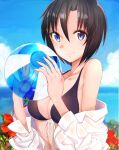  1girl absurdres ball bangs beachball bikini bikini_top black_bikini black_hair blue_eyes blue_sky blurry blurry_background closed_mouth cloud collarbone day eyebrows_visible_through_hair flower front-tie_bikini front-tie_top hair_between_eyes hibiscus highres holding holding_ball idolmaster idolmaster_(classic) kikuchi_makoto navel ocean outdoors red_flower shiny shiny_hair short_hair sky smile solo suzumo70 swimsuit upper_body 