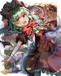  1girl :d \||/ absurdres arm_ribbon aura autumn_leaves blurry border bow chirooo92084 commentary cowboy_shot dappled_sunlight dark_aura day depth_of_field dot_nose dress falling_leaves frilled_bow frilled_dress frilled_ribbon frills front_ponytail ginkgo_leaf green_eyes green_hair hair_bow hair_ribbon highres kagiyama_hina leaf long_hair looking_to_the_side maple_leaf open_mouth outdoors outside_border outstretched_arms puffy_short_sleeves puffy_sleeves red_bow red_dress red_ribbon ribbon short_sleeves smile solo split_mouth sunlight touhou white_border wrist_ribbon 